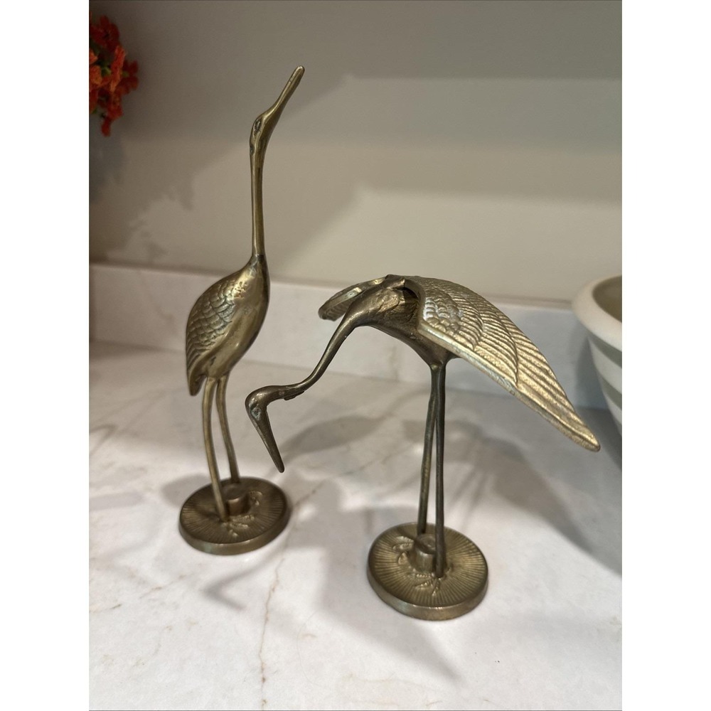 Vintage Brass Crane Heron Birds Pair Mid Century Hollywood Regency Decor